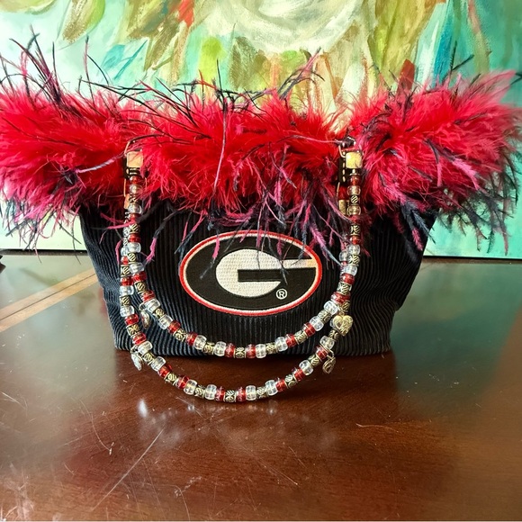 unbranded Handbags - Georgia Bulldogs Purse Handbag Tote Corduroy w Feathers & Beaded Handle
